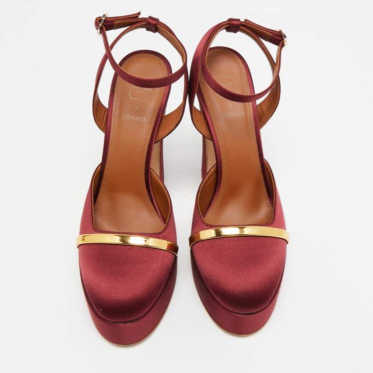 Pre Owned Malone Souliers Burgundy/Gold Satin Platform Mora Pumps Size 38