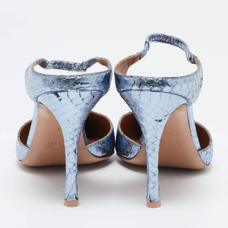 Pre Owned Malone Souliers Metallic Blue Snakeskin Embossed Leather Uma Mules Size 39