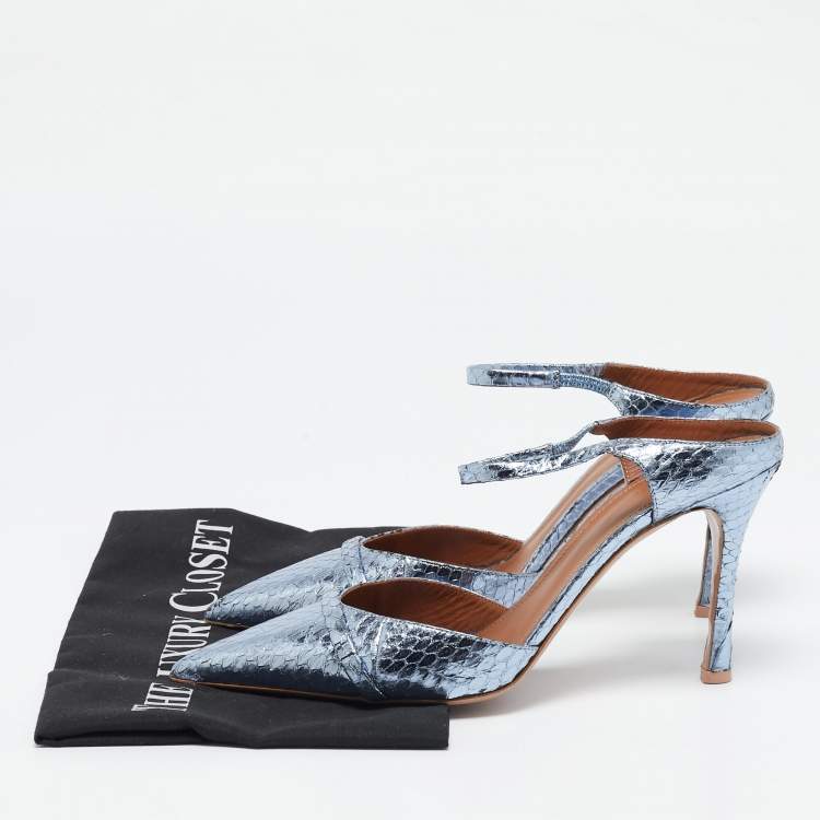 Pre Owned Malone Souliers Metallic Blue Snakeskin Embossed Leather Uma Mules Size 39