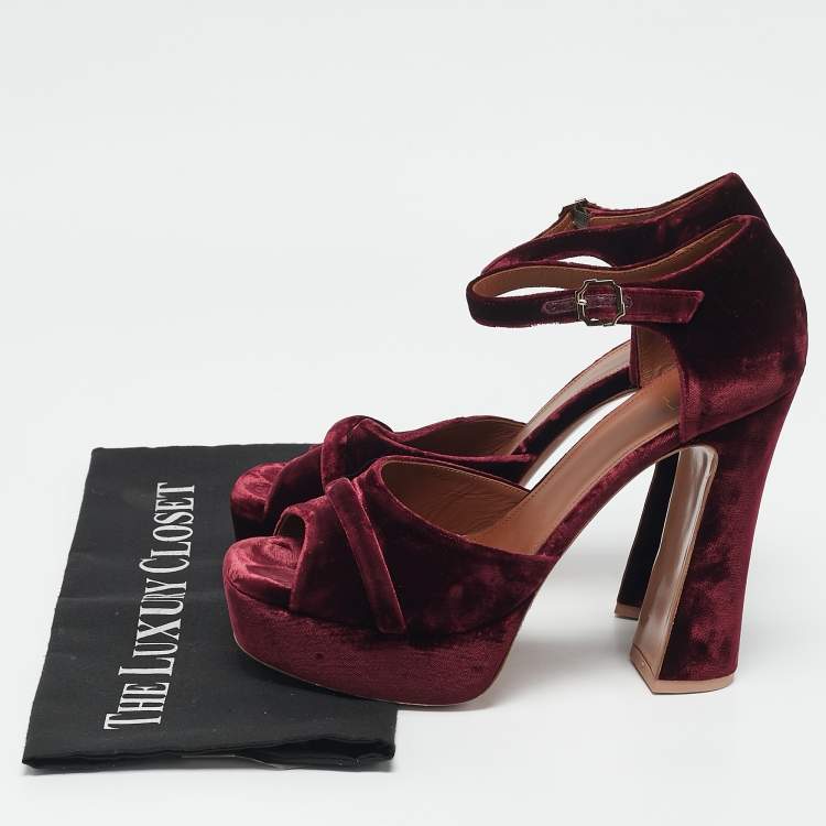 Pre Owned Malone Souliers Burgundy Velvet Yuri Ankle Strap Sandals Size 39