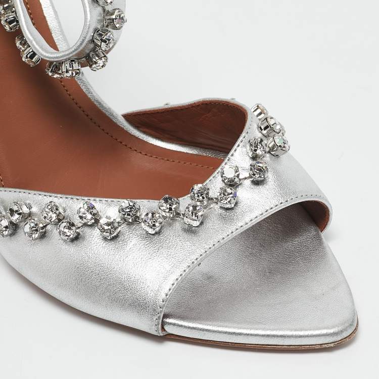Pre Owned Malone Souliers Silver Leather Tala Crystal Embellished Sandals Size 41
