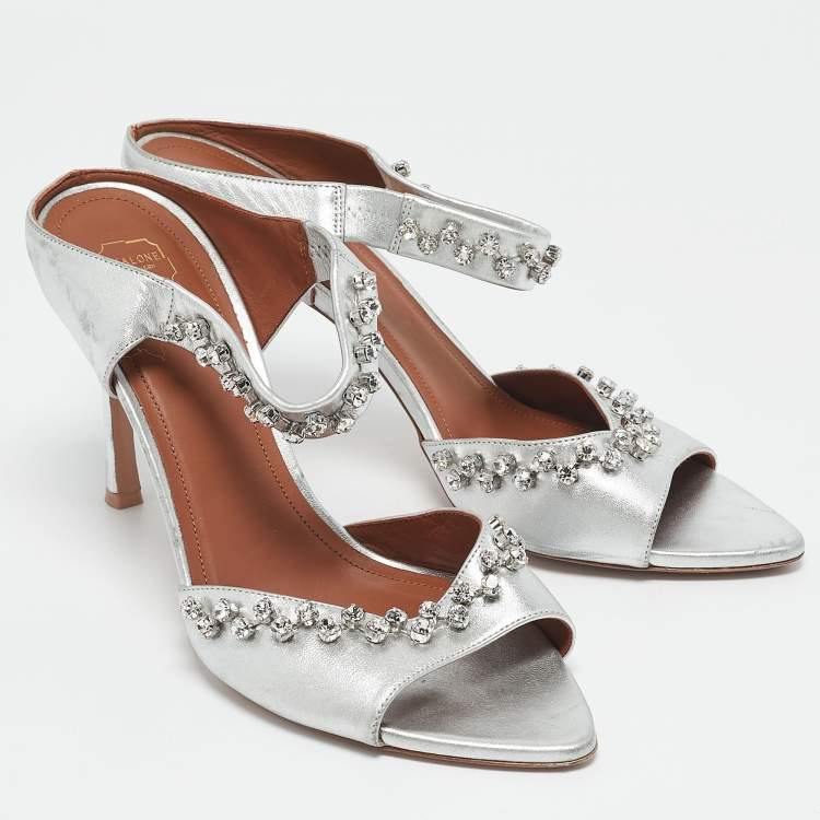 Pre Owned Malone Souliers Silver Leather Tala Crystal Embellished Sandals Size 41
