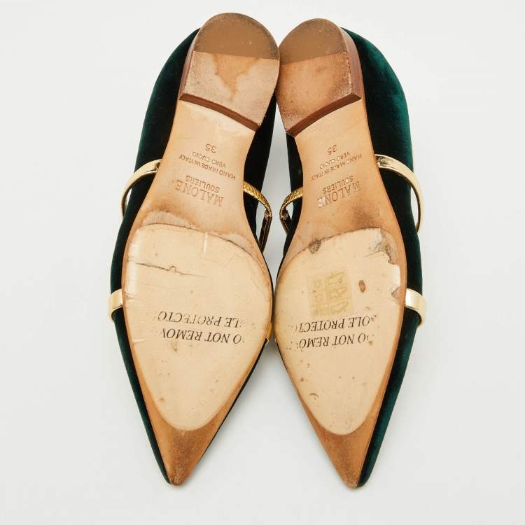 Pre Owned Malone Souliers Dark Green/Gold Velvet and Leather Robyn Ballet Flats Size 35