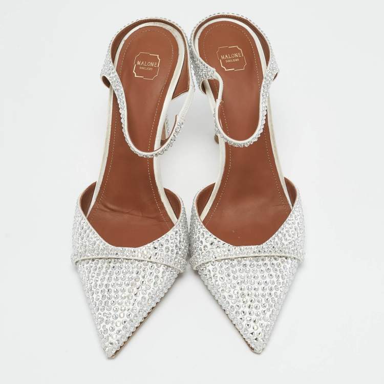 Pre Owned Malone Souliers White Satin Crystal Embellished Ankle Strap Pumps Size 40