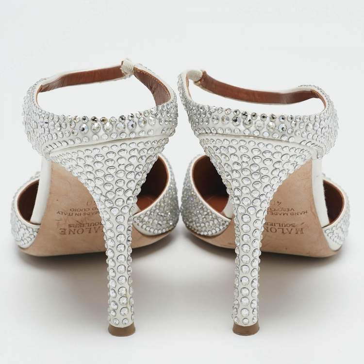 Pre Owned Malone Souliers White Satin Crystal Embellished Ankle Strap Pumps Size 40