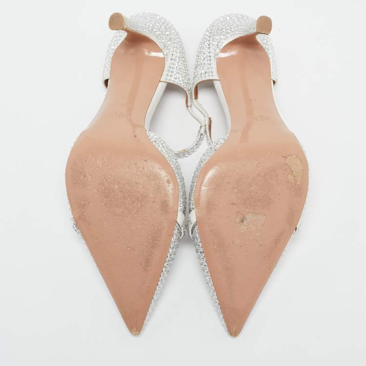 Pre Owned Malone Souliers Silver Satin Crystal Embellished Uma Mules Size 41