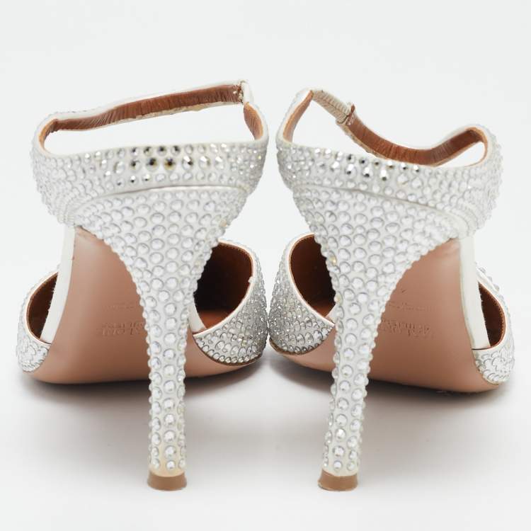Pre Owned Malone Souliers Silver Satin Crystal Embellished Uma Mules Size 41