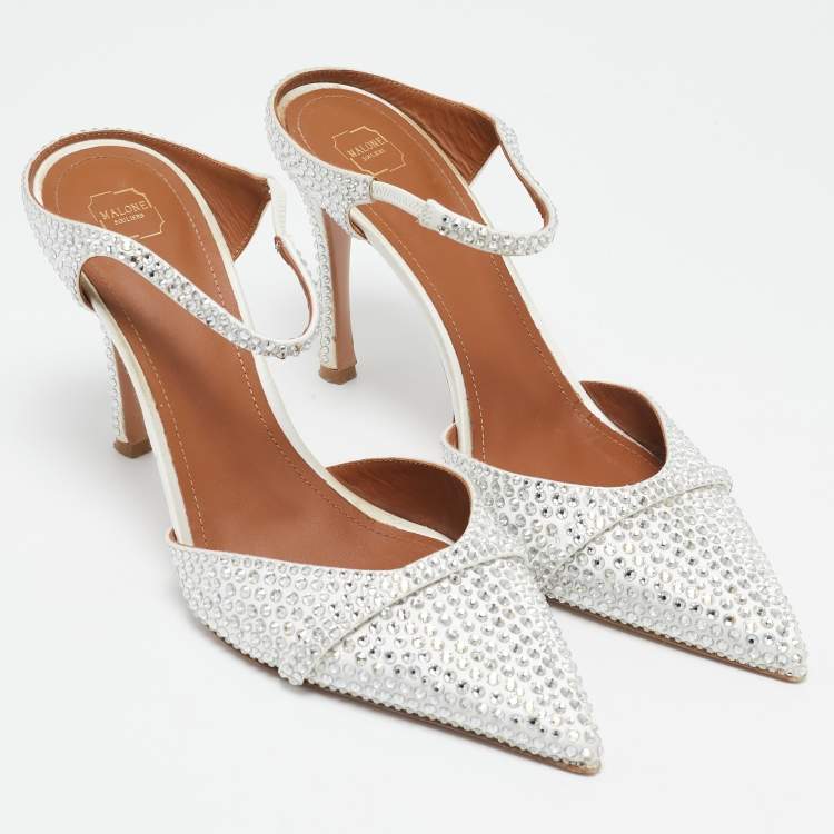 Pre Owned Malone Souliers Silver Satin Crystal Embellished Uma Mules Size 41