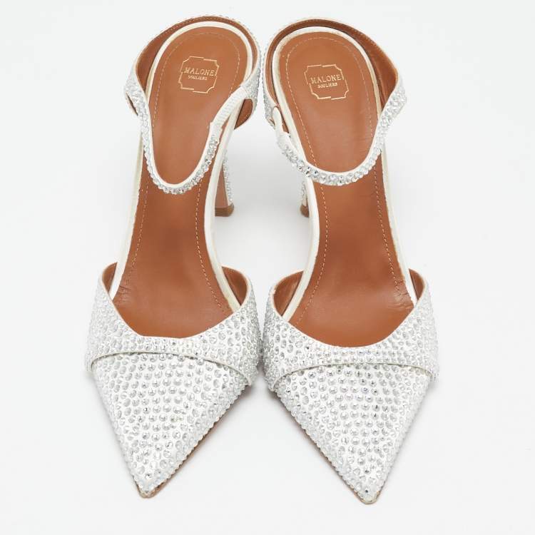 Pre Owned Malone Souliers Silver Satin Crystal Embellished Uma Mules Size 41
