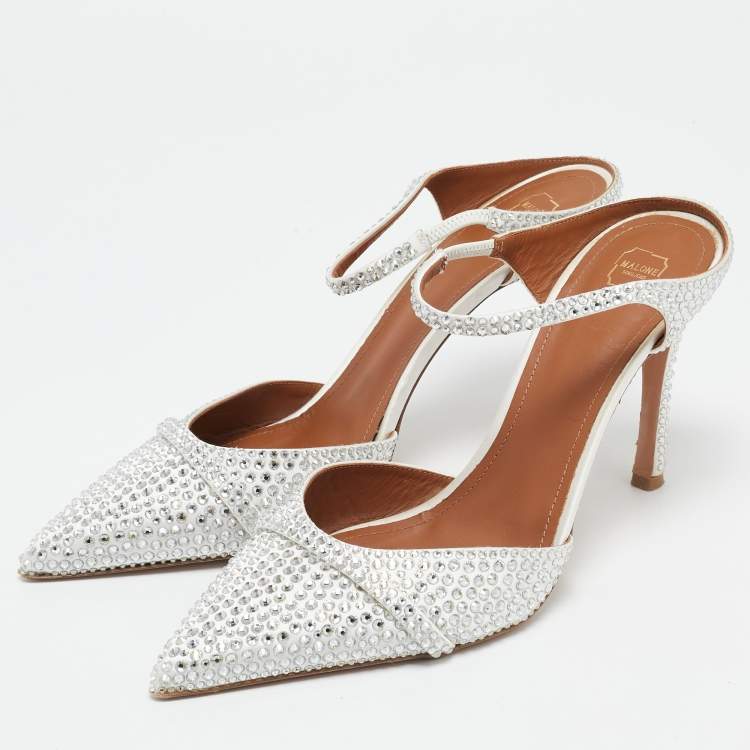 Pre Owned Malone Souliers Silver Satin Crystal Embellished Uma Mules Size 41