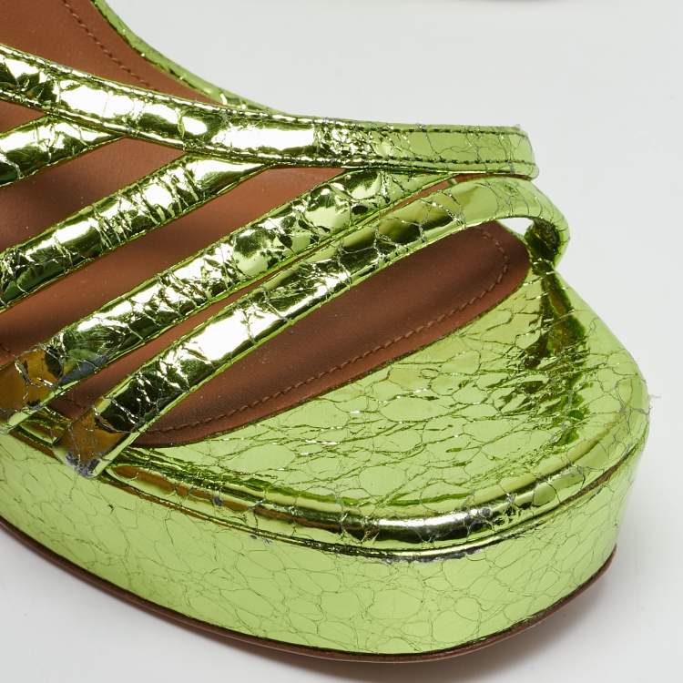 Pre Owned Malone Souliers Green Croc Embossed Leather Mila Platform Ankle Strap Sandals Size 39