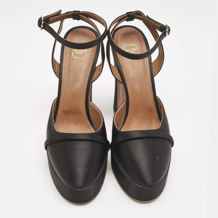 Pre Owned Malone Souliers Black Satin Mora Ankle Strap Platform Pumps Size 40