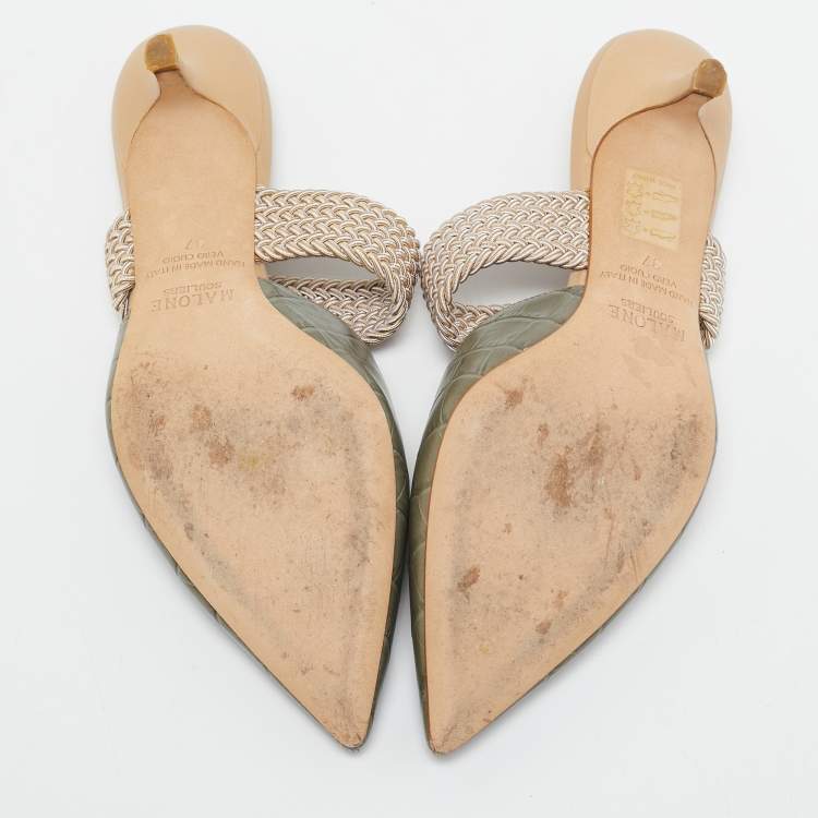 Pre Owned Malone Souliers Army Green Croc Embossed Leather Maisie Mules Size 37