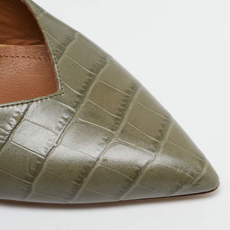 Pre Owned Malone Souliers Army Green Croc Embossed Leather Maisie Mules Size 37