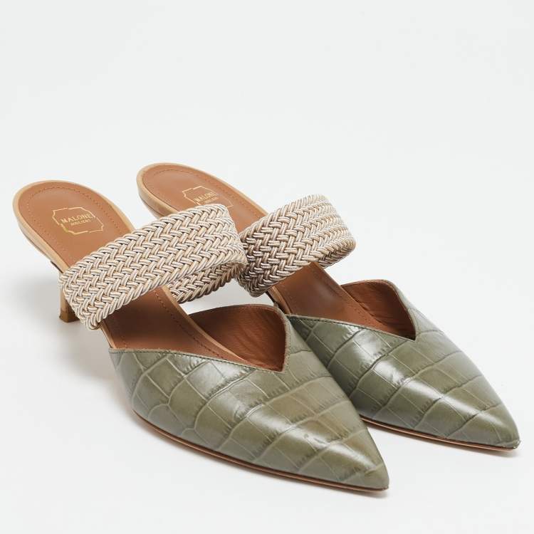 Pre Owned Malone Souliers Army Green Croc Embossed Leather Maisie Mules Size 37