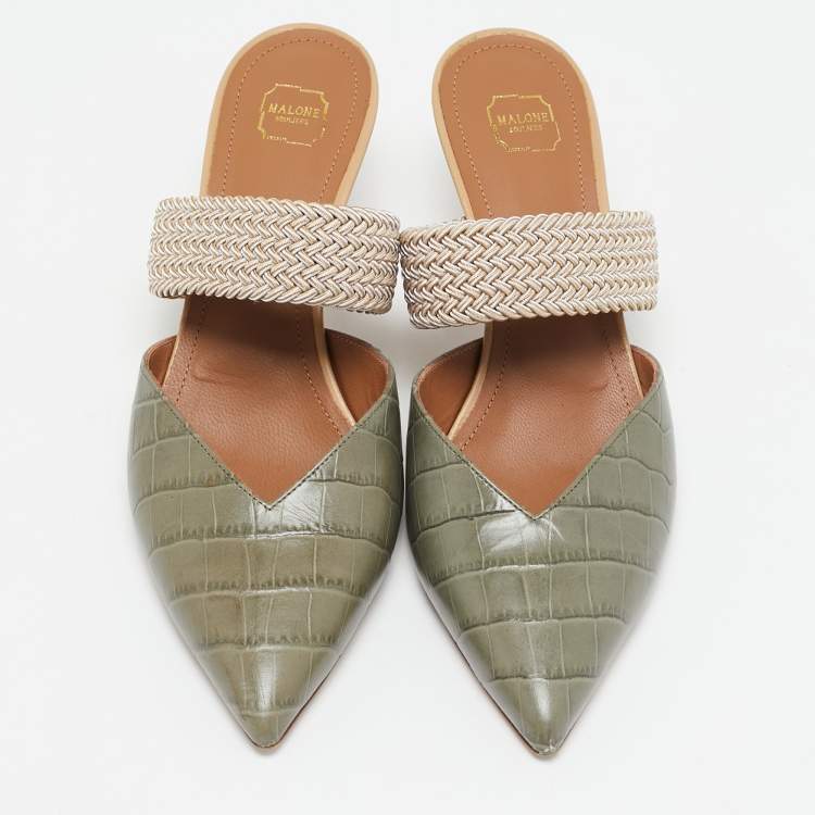 Pre Owned Malone Souliers Army Green Croc Embossed Leather Maisie Mules Size 37