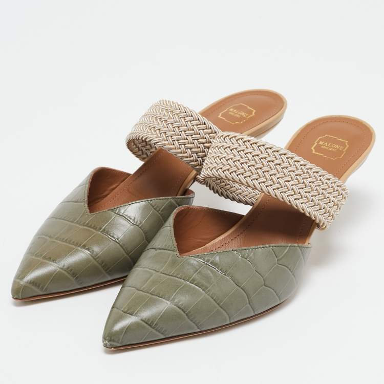 Pre Owned Malone Souliers Army Green Croc Embossed Leather Maisie Mules Size 37