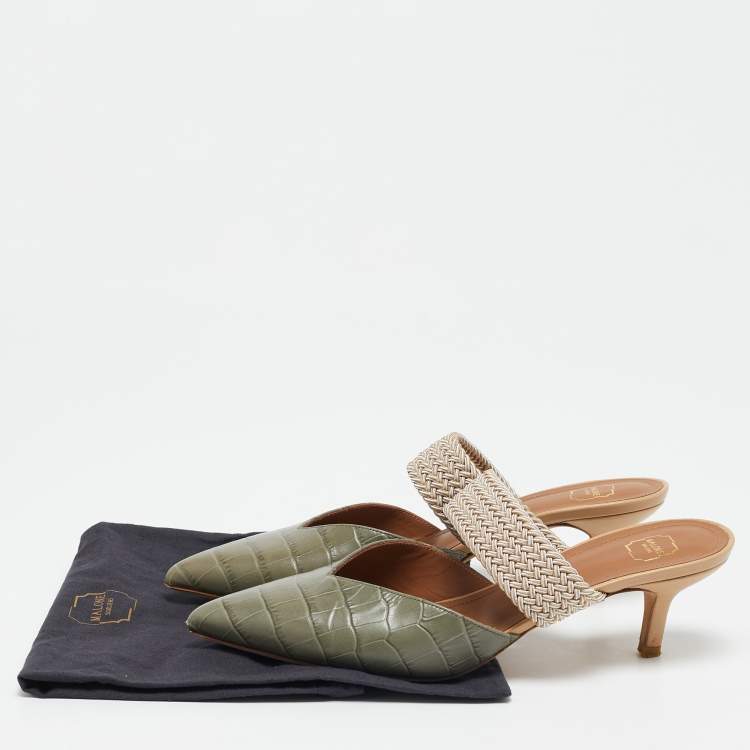 Pre Owned Malone Souliers Army Green Croc Embossed Leather Maisie Mules Size 37