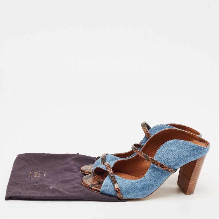 مملوكة مسبقًا Malone Souliers Blue/Brown Denim and Python Embossed Leather Maureen Mules Size 37