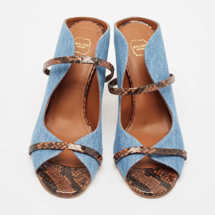 مملوكة مسبقًا Malone Souliers Blue/Brown Denim and Python Embossed Leather Maureen Mules Size 37
