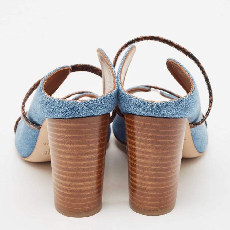مملوكة مسبقًا Malone Souliers Blue/Brown Denim and Python Embossed Leather Maureen Mules Size 37