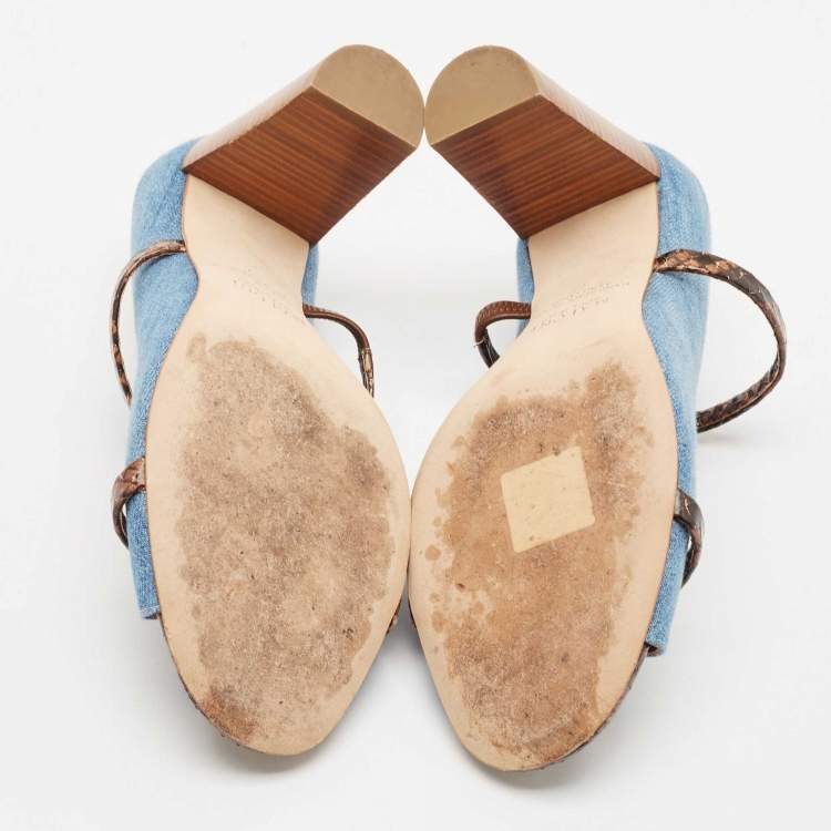 مملوكة مسبقًا Malone Souliers Blue/Brown Denim and Python Embossed Leather Maureen Mules Size 37