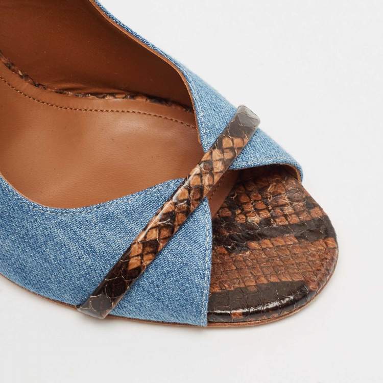 مملوكة مسبقًا Malone Souliers Blue/Brown Denim and Python Embossed Leather Maureen Mules Size 37