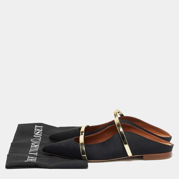 Pre Owned Malone Souliers Black/Gold Satin and Leather Maureen Flats Size 39
