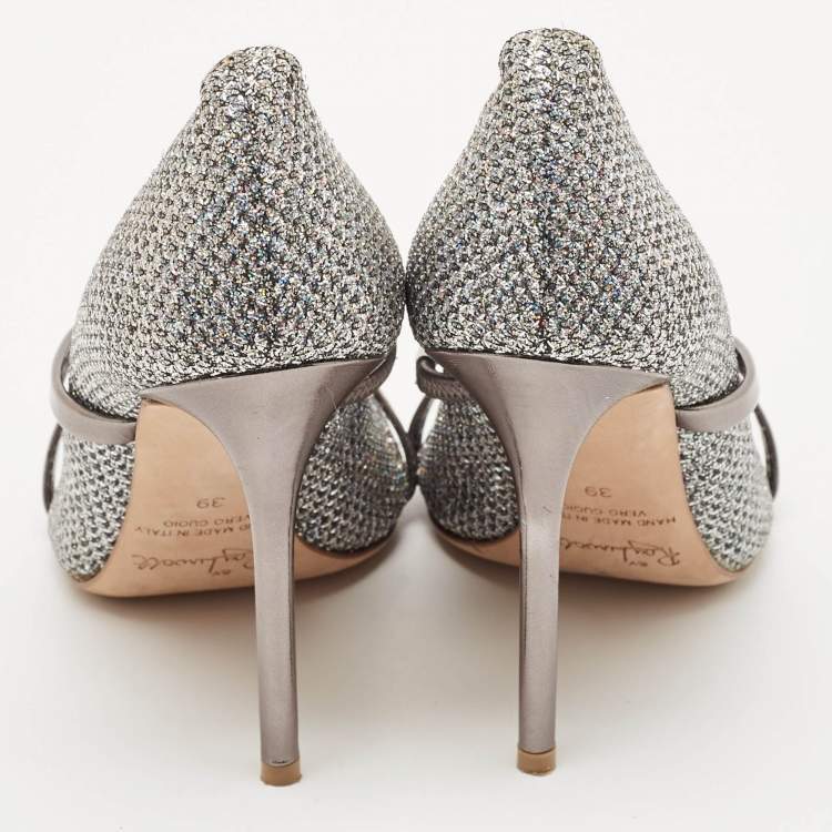 Pre Owned Malone Souliers Silver Metallic Moire Fabric Maureen Pointed Toe Pumps Size 39
