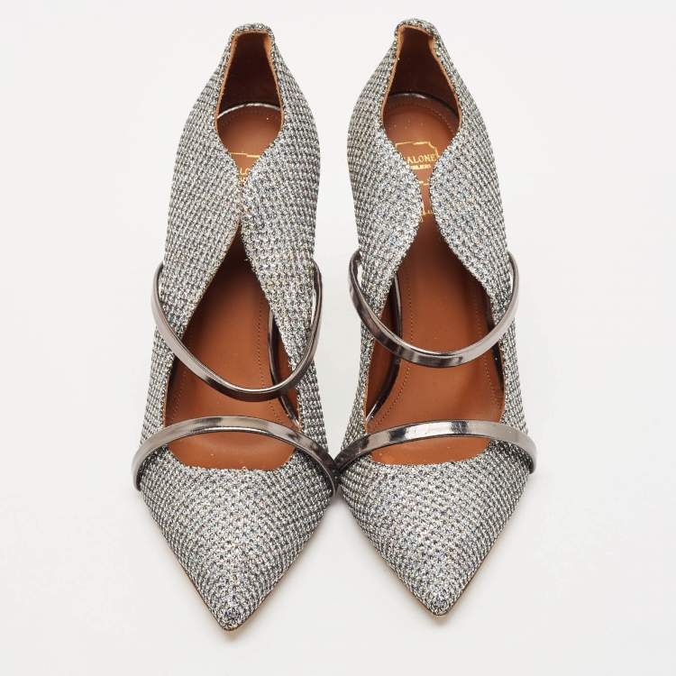 Pre Owned Malone Souliers Silver Metallic Moire Fabric Maureen Pointed Toe Pumps Size 39