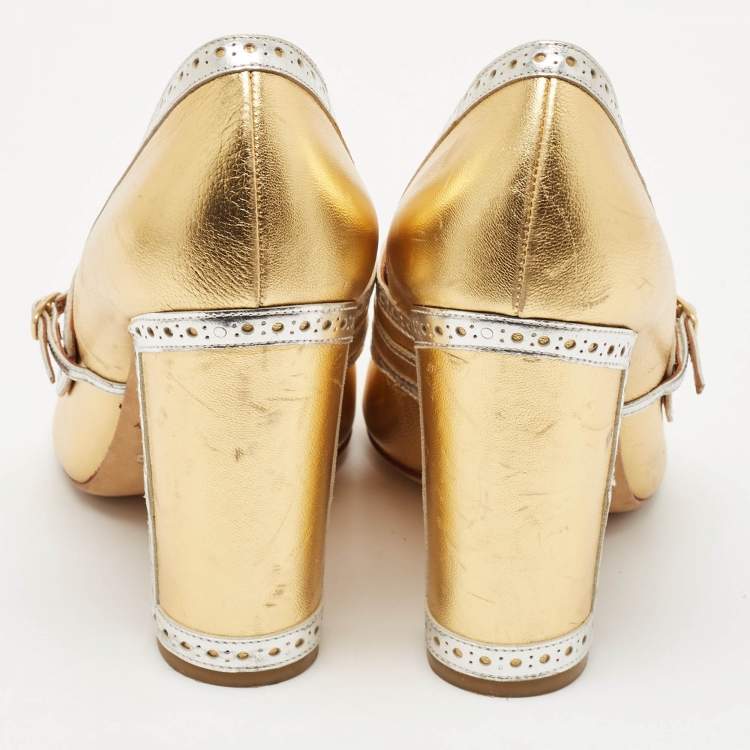 Pre Owned Malone Souliers Rose Gold/Silver Perforated Leather Ada Pumps Size 39.5