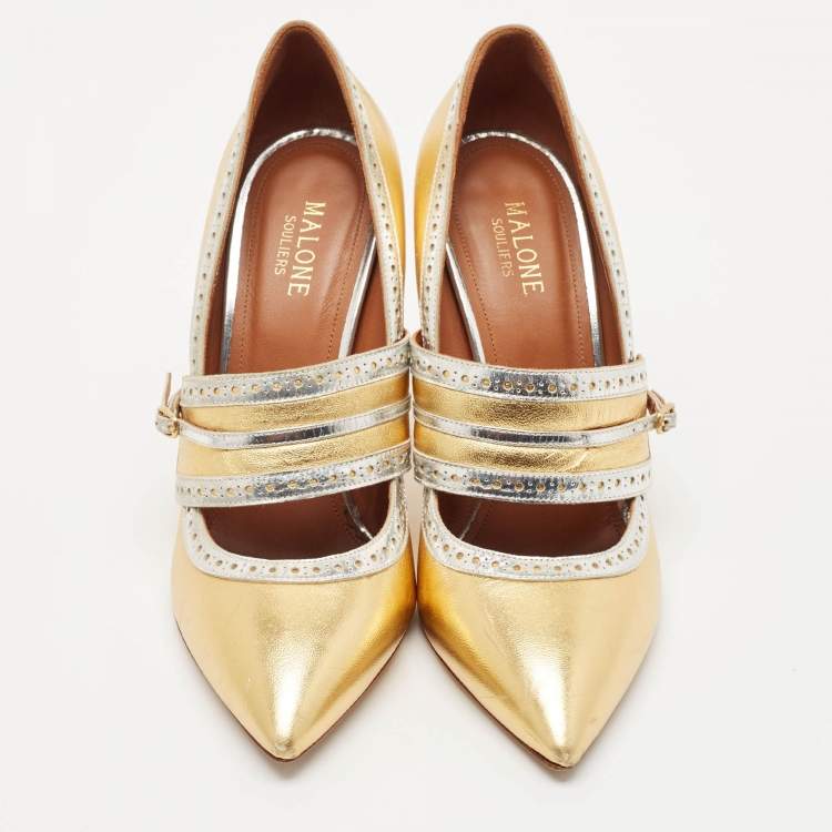 Pre Owned Malone Souliers Rose Gold/Silver Perforated Leather Ada Pumps Size 39.5