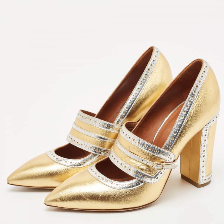 Pre Owned Malone Souliers Rose Gold/Silver Perforated Leather Ada Pumps Size 39.5