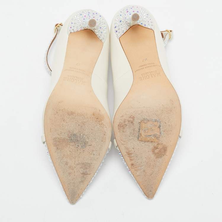 Pre Owned Malone Souliers White Leather and Suede Crystal Embellished Pumps Size 37
