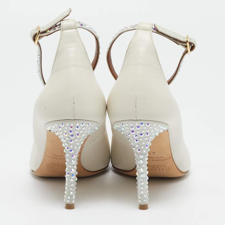 Pre Owned Malone Souliers White Leather and Suede Crystal Embellished Pumps Size 37