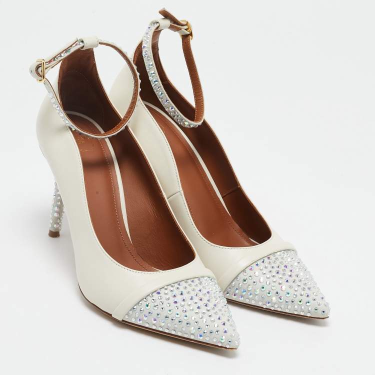 Pre Owned Malone Souliers White Leather and Suede Crystal Embellished Pumps Size 37