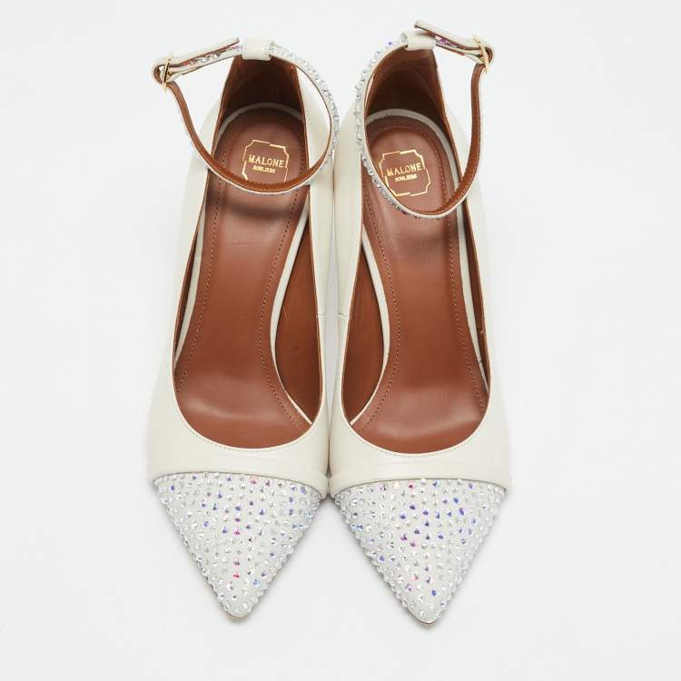 Pre Owned Malone Souliers White Leather and Suede Crystal Embellished Pumps Size 37