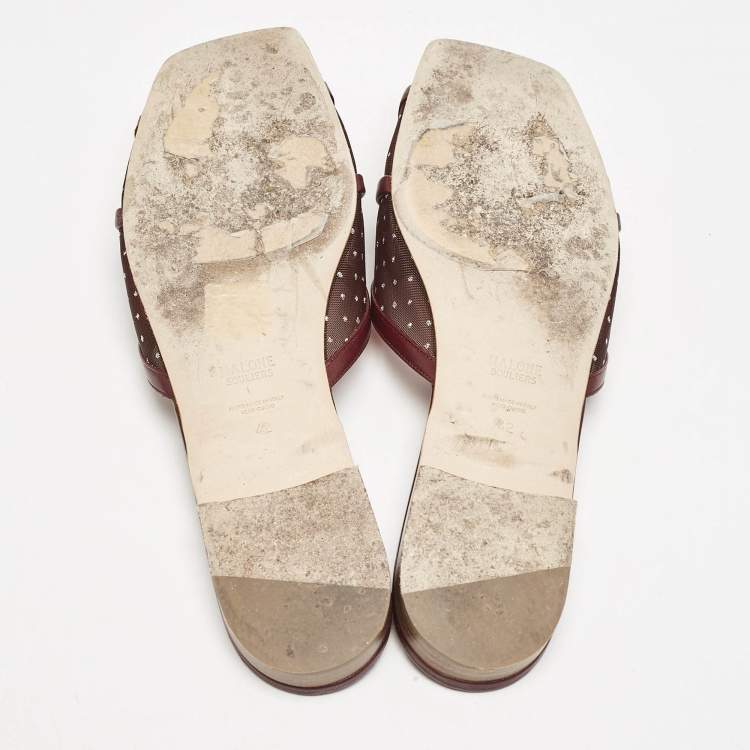 Pre Owned Malone Souliers Burgundy Leather and Mesh Perla Flat Slides Size 42