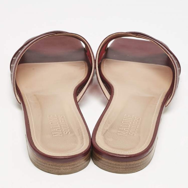 Pre Owned Malone Souliers Burgundy Leather and Mesh Perla Flat Slides Size 42