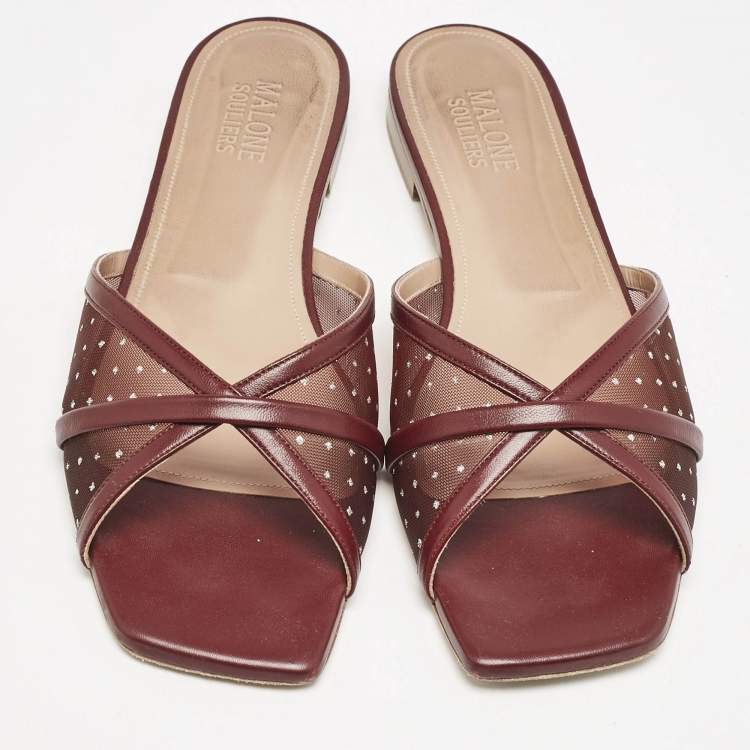 Pre Owned Malone Souliers Burgundy Leather and Mesh Perla Flat Slides Size 42