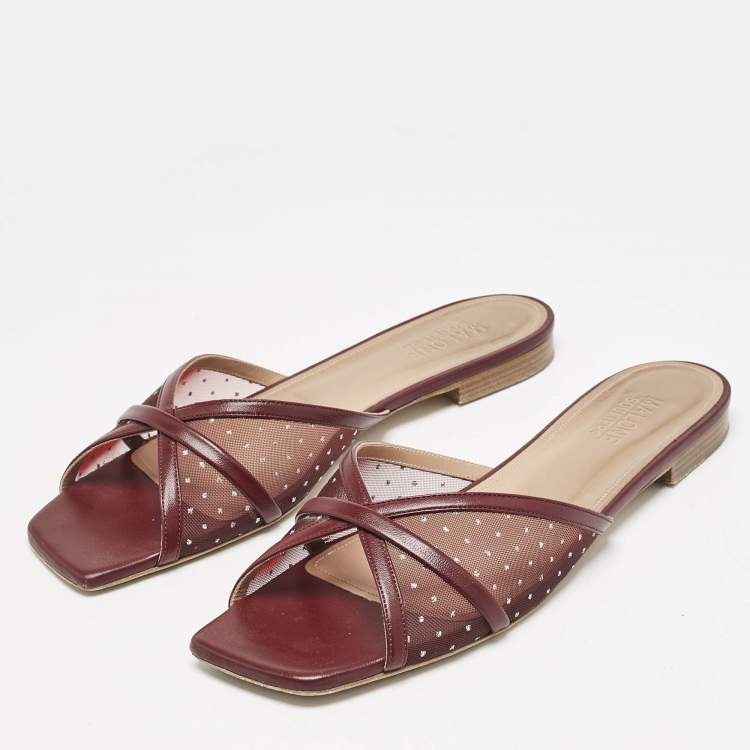 Pre Owned Malone Souliers Burgundy Leather and Mesh Perla Flat Slides Size 42