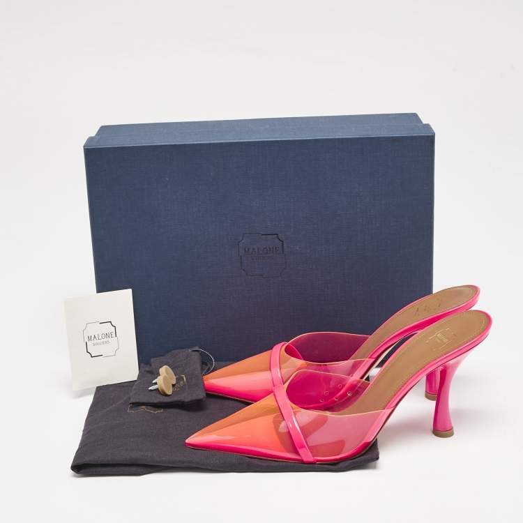 Pre Owned Malone Souliers Neon Pink Patent Leather and PVC Joella Heel Mules Size 37.5