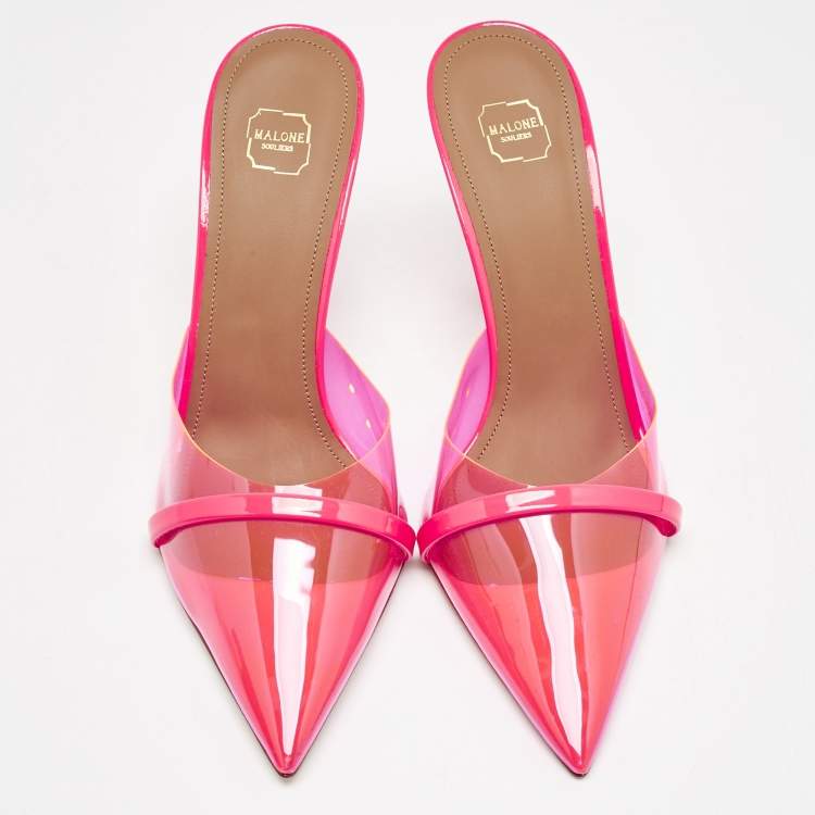 Pre Owned Malone Souliers Neon Pink Patent Leather and PVC Joella Heel Mules Size 37.5