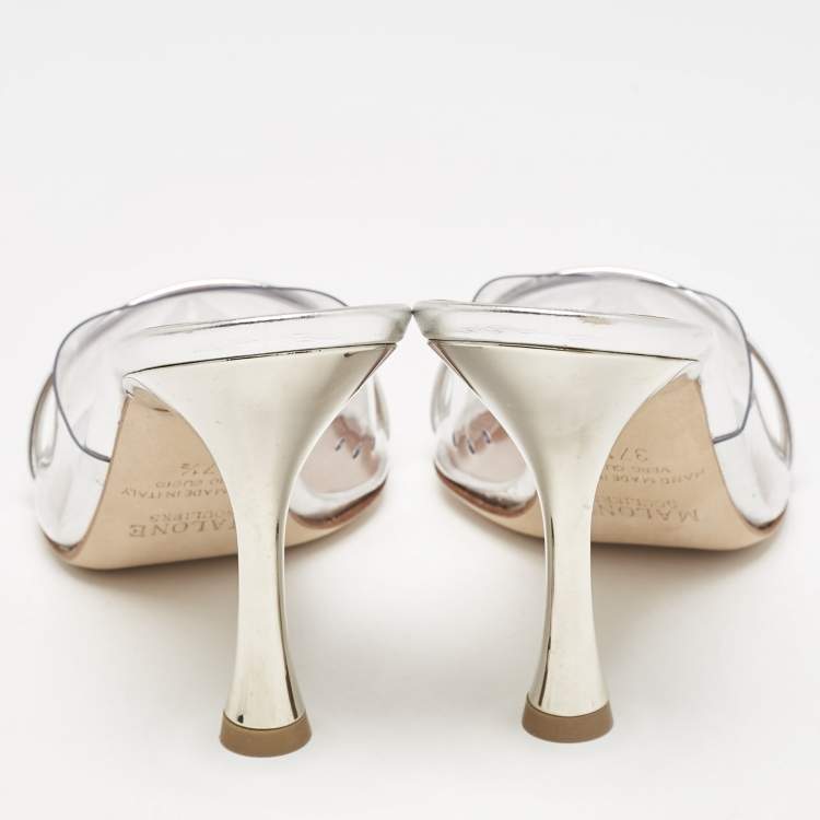 Pre Owned Malone Souliers Silver Patent Leather and PVC Joella Heel Mules Size 37.5