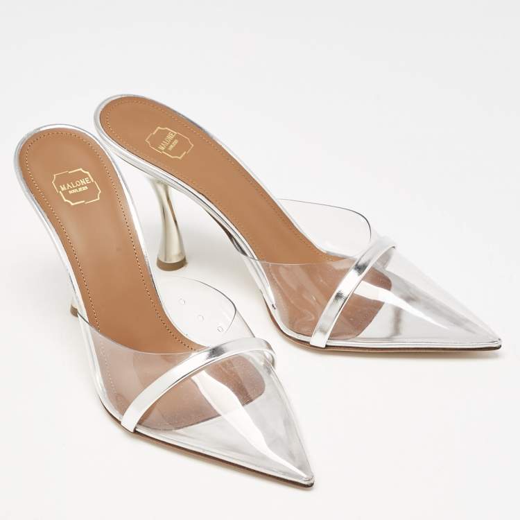 Pre Owned Malone Souliers Silver Patent Leather and PVC Joella Heel Mules Size 37.5