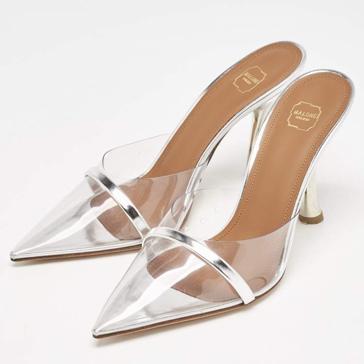 Pre Owned Malone Souliers Silver Patent Leather and PVC Joella Heel Mules Size 37.5