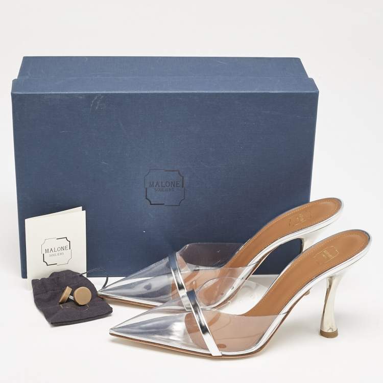 Pre Owned Malone Souliers Silver Patent Leather and PVC Joella Heel Mules Size 37.5