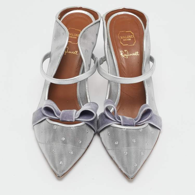 Pre Owned Malone Souliers Silver Leather and Mesh Marguerite Pumps Size 38    