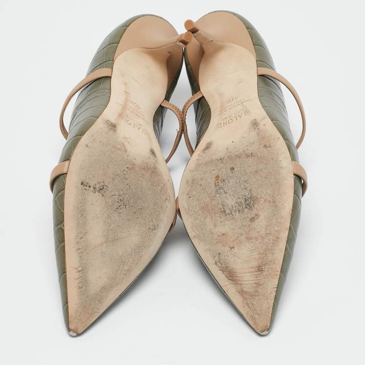 Pre Owned Malone Souliers Army Green/Beige Croc Embossed Leather Maureen Mules Size 40.5