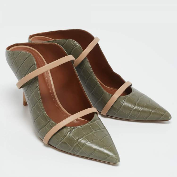 Pre Owned Malone Souliers Army Green/Beige Croc Embossed Leather Maureen Mules Size 40.5